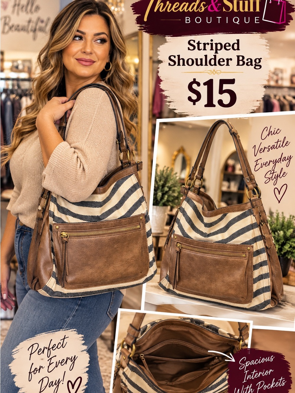 Striped Shoulder Bag in Brown and Ivory - Chic Everyday Tote